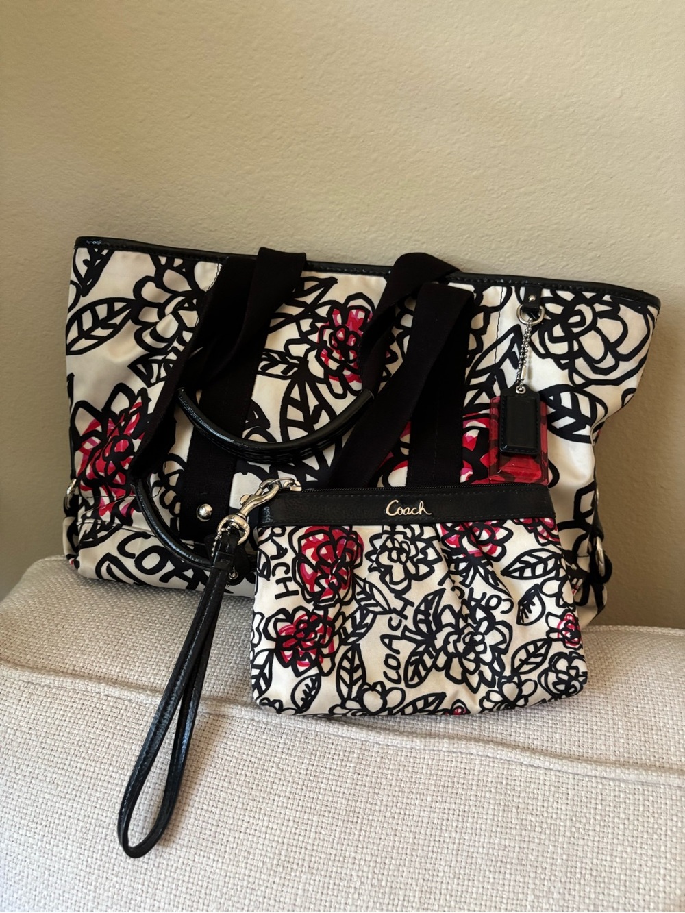 Coach Black, White & Red Floral Tote with Matching Wristlet